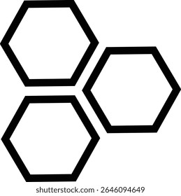 Uma ilustração vetorial limpa, preta e branca de três hexágonos interligados formando um padrão geométrico mínimo. Perfeito para uso em projetos tecnológicos, planos de fundo, logotipos ou conceitos visuais abstratos.