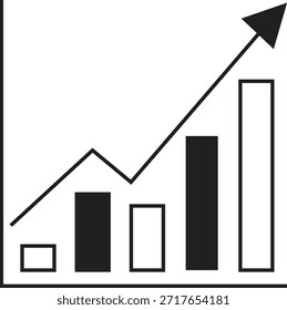 Uma ilustração vetorial clara, em preto e branco, de um gráfico de barras financeiras mostrando o crescimento progressivo, com uma seta arrojada para cima representando o sucesso, o aumento da receita e as tendências positivas do mercado.