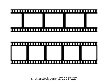 A clean, black and white vector illustration of a film strip with blank frames and copy space. Perfect graphic design element for movie, cinema, or photography projects.