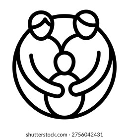 A clean black and white vector illustration of a family unit featuring two adults and a child enclosed in a circular embrace representing protection and care.