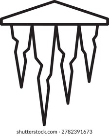 A clean, black and white vector illustration of five abstract icicles hanging from a triangular roof edge, designed with jagged, organic lines for a minimalist and decorative look. Ideal for winter-themed projects or digital art compositions.