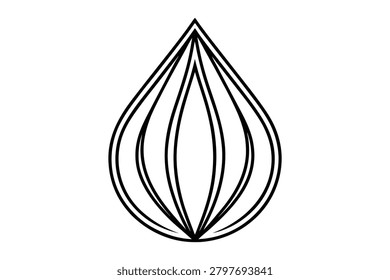 A clean black and white vector illustration depicting a stylized droplet shape with concentric curved lines inside. This minimalist graphic can represent a flower bud plant seed oil drop or onion bulb and works perfectly as a modern logo design element.