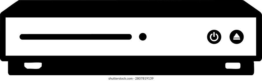 A clean black and white vector illustration of a DVD or Blu-ray player icon. Perfect for technology-themed user interfaces, web design, and digital media projects.