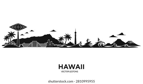 A clean black and white vector illustration of the Hawaii skyline featuring palm trees, ocean waves, surfers, and volcanic mountains.