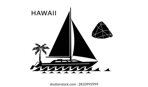 A clean black and white vector illustration featuring a sailboat, a tropical palm tree, and a stylized volcanic mountain, representing a Hawaiian theme.