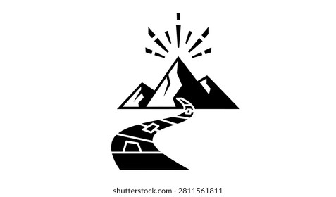 A clean black and white vector illustration of a mountain range with a stylized road leading towards the summit