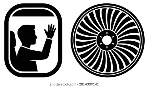 A clean black and white vector illustration set featuring a silhouette of a passenger waving from an airplane cabin window alongside a detailed graphic representation of a jet engine turbine fan blade.
