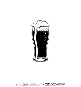 A clean black and white vector illustration of a tall beer glass. The glass is filled with a dark beverage and topped with a thick, frothy head of foam that spills over the side. Bubbles are visible within the liquid, creating a sense of carbonation against the plain white background.