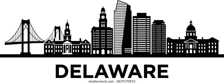 A clean black and white vector illustration depicting the recognizable city skyline of Wilmington Delaware with prominent architectural landmarks and a bridge set against a plain white background.
