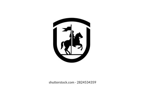 A clean black and white vector illustration of a knight riding a horse inside a protective shield emblem.