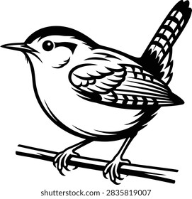 A clean black and white vector illustration of a small wren bird perched on a thin branch, isolated on a white background.