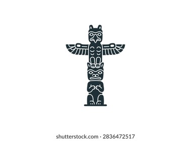 A clean black and white vector illustration of a traditional carved wooden totem pole featuring stylized animal figures including an eagle and a bear.