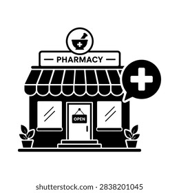 A clean black and white vector illustration of a pharmacy storefront featuring an open sign medical cross symbol and mortar and pestle logo.