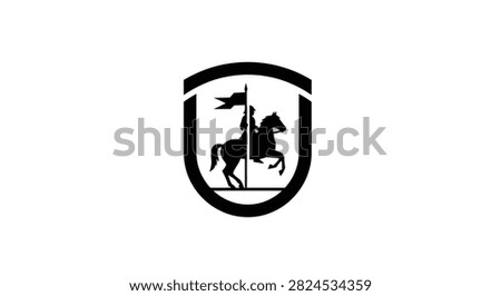 A clean black and white vector illustration of a knight riding a horse inside a protective shield emblem.