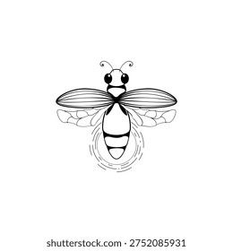Clean black and white vector line illustration of a firefly insect with details and glowing tail, minimal outline style.