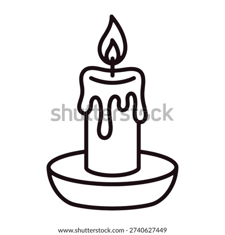 A clean, black and white vector line art illustration of a burning candle sitting in a round holder. The design features melting wax drips and a simple flame, making it ideal for coloring books, holiday decorations, religious themes, or minimalist web icons.