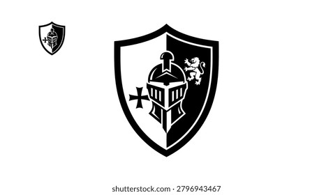 Clean black and white vector logo featuring a classic crusader helmet and lion emblem on a defensive shield, ideal for gaming or heritage brands.