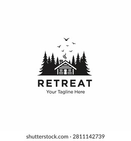 A clean black and white vector logo featuring a rustic cabin nestled in a pine forest with birds flying above, suitable for travel or hospitality brands.