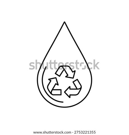 A clean, black and white vector outline illustration of a water droplet enclosing a dimensional, ribbon-style recycling symbol. Perfect for themes regarding water conservation, eco-friendly practices, sustainability, and green resource management.