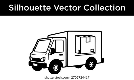 A clean, black and white vector silhouette of a delivery truck carrying a box, suitable for logistics and shipping themes.