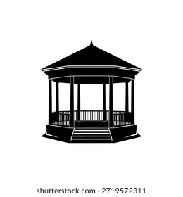 A clean, black and white vector silhouette of a traditional gazebo with a hexagonal roof and steps, isolated on a white background.