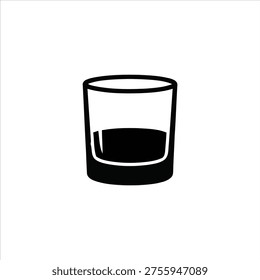 Clean black and white vector silhouette of a short tumbler or rocks glass containing liquid. Great for bar menus, whiskey tastings, beverage icons, and restaurant graphic design.