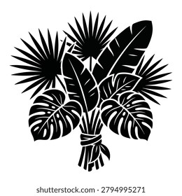 A clean, black and white vector silhouette bouquet featuring tropical leaves, including monstera, fan palm, and banana leaves tied together. Perfect for minimalist summer designs, botanical logos, tattoos, and exotic jungle-themed graphics