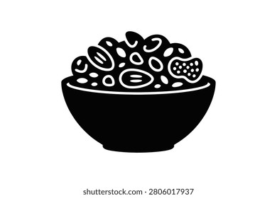 A clean black and white vector silhouette graphic depicting a ceramic bowl filled to the brim with assorted healthy dry fruits and mixed nuts like almonds and peanuts isolated on a plain background for simple minimalist food illustration designs