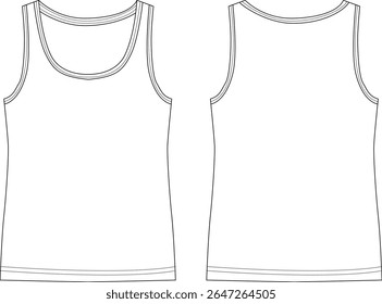 Um desenho técnico vetor limpo, preto e branco, do topo de um tanque sem mangas para mulheres, mostrando as vistas frontal e traseira. Este esboço plano minimalista é ideal para uso em design de moda, produção de vestuário