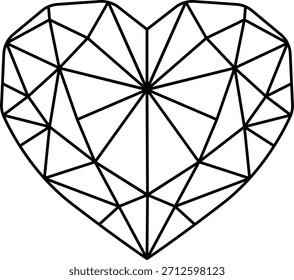 Limpie la piedra preciosa en forma de corazón de baja poli del marco de alambre negro con la estructura cristalina facetada para colorear páginas, tatuajes, logotipos, pegatinas, diseños de la joyería, gráficos de la boda, proyectos románticos minimalistas.