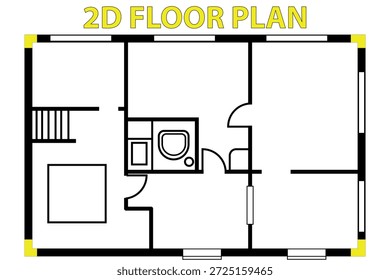 Plano de piso 2D preto-e-branco limpo com vários quartos, uma casa de banho, escada e pontos de entrada. Ideal para apresentações de arquitetura, prévias de imóveis e planejamento de layout interior.