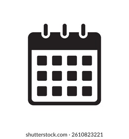 A clean, black-and-white calendar icon with a grid layout and three binding rings. Great for user interfaces, apps, websites, or scheduling tools.