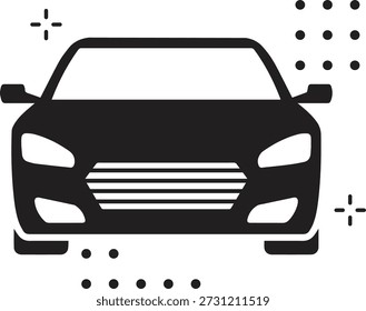 Una Ilustración vectorial plana en blanco y negro de un coche moderno desde la parte delantera, con detalles geométricos minimalistas de fondo.