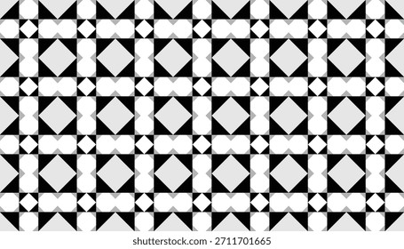 A clean black-and-white geometric texture constructed from repetitive square and diamond elements. Its seamless symmetry makes it versatile for contemporary design themes