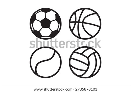 A clean, black-and-white image showcasing four common sports balls in a grid layout.