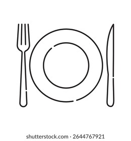 A clean, black-and-white line art icon depicting a standard dining setup with a plate, fork, and knife. Perfect for restaurant menus, food blogs, or culinary apps.