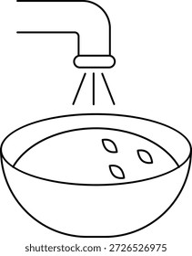 Eine saubere, schwarz-weiße Strichzeichnung mit einem Wasserhahn oder einem Rohrstutzen, der Flüssigkeit in eine große Schüssel gießt.