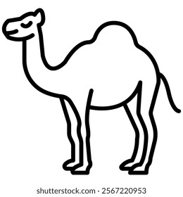 A clean, black-and-white outline icon of a camel with one hump, symbolizing desert life, travel, and cultural heritage. Ideal for educational, cultural, Ramadan or decorative projects.