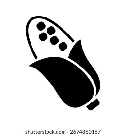 A clean, black-and-white outline vector icon of a corn on the cob partially covered by its husk. This icon is perfect for designs related to autumn harvest, farming, and organic food.