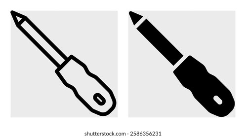 A clean black-and-white screwdriver icon, representing tools and home improvement. Comes in outline and solid styles, great for tool shops, instructional graphics, and repair service branding.