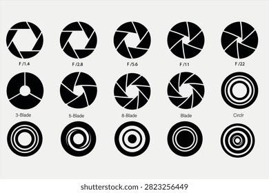 A clean, black-and-white vector collection of camera aperture and lens diaphragm icons showing various f-stop exposure values, blade configurations, and modern shutter designs. Ideal for photography guides, infographics.