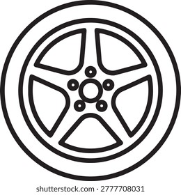 A clean, black-and-white vector illustration of a circular vehicle wheel featuring a central bolt pattern and detailed rim structure. The design emphasizes geometric precision and simplicity, ideal for technical or industrial-themed projects and vector-based artwork.