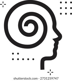 Um perfil limpo, linha-preta de uma cabeça humana com um motivo espiral central, representando a saúde mental, psicologia ou ideias criativas.