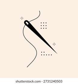 Una Ilustración vectorial limpia y de línea negra de una aguja de coser con hilo, acentuada por estrellas geométricas minimalistas sobre un fondo crema.