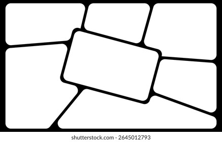 Layout de painel de quadrinhos em branco limpo, com quadros arredondados irregulares com contornos em preto e branco. Ideal para romances gráficos, webtoons, projetos de narrativa ou colagens de fotos dinâmicas. Espaço de conteúdo