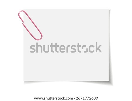 Clean blank notepaper held by pink clip. Flat vector design for stationery, office, school, or message template. Isolated on white.