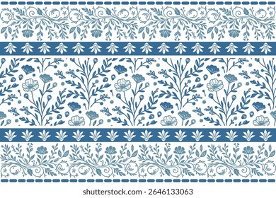 clean blue border pattern with line drawn florals and delicate botanical outlines ideal for stylish home fabric projects

