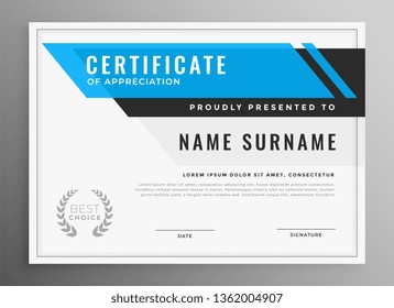 clean blue certificate of appreciation template design