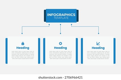 Una Plantilla de infografía azul limpia con tres tarjetas Horizontales con iconos de encabezado y bloques de texto, ideal para presentaciones de negocios, informes, propuestas de marketing y diapositivas educativas. Despejado, no