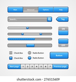 Clean Blue Light User Interface Controls 7. Web Elements. Website, Software UI: Buttons, Switchers, Pagination, Navigation Bar, Menu, Search, Levels, Progress, Scroller, Check Box, Radio Button, Tag